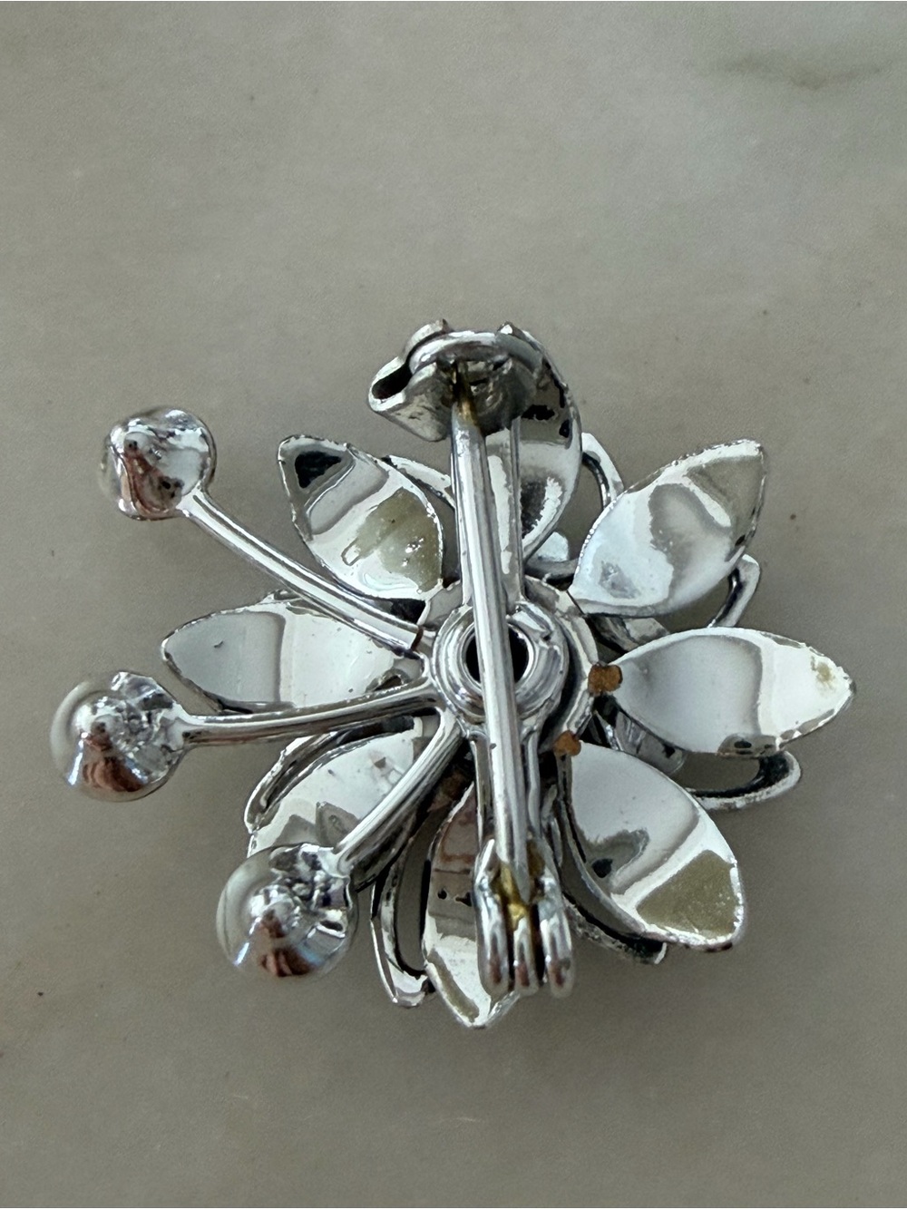 Vintage 60's 70's Flower Brooch Silver Black Enamel Dangle Pin Atomic Starburst - Picture 6 of 9